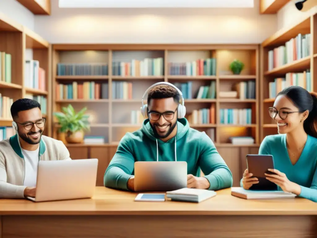 Un acogedor aula online con estudiantes de diversas edades y etnias, disfrutando del aprendizaje en casa