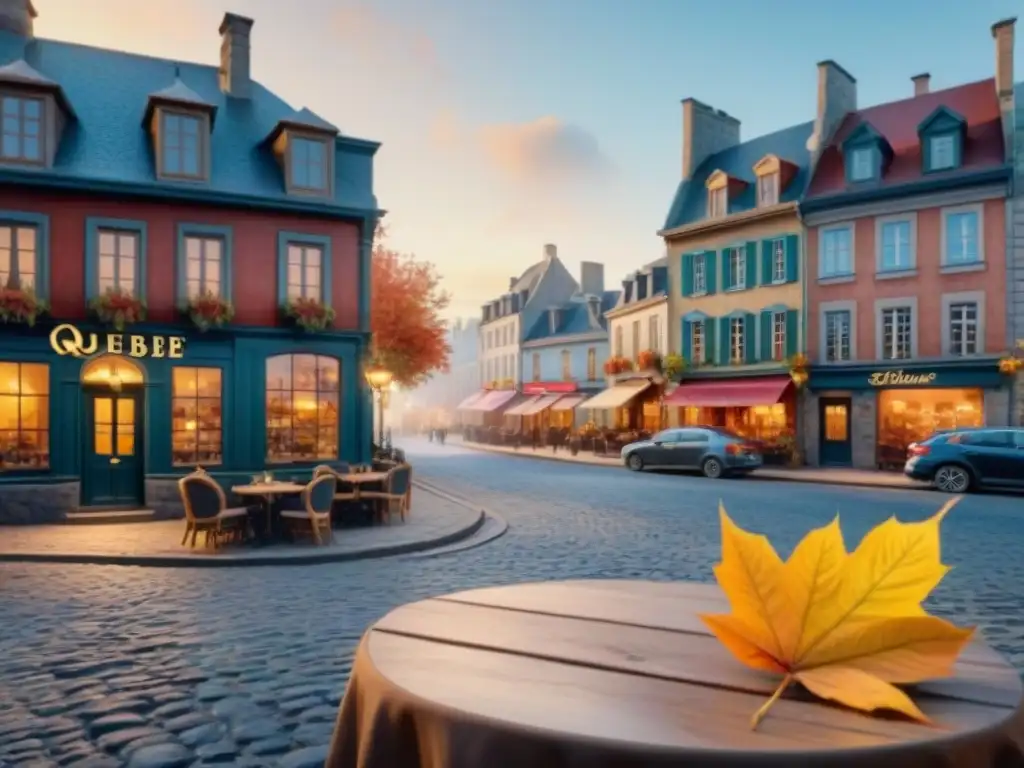 Un acogedor café en Quebec con hojas de otoño cayendo, una taza de café y calles empedradas