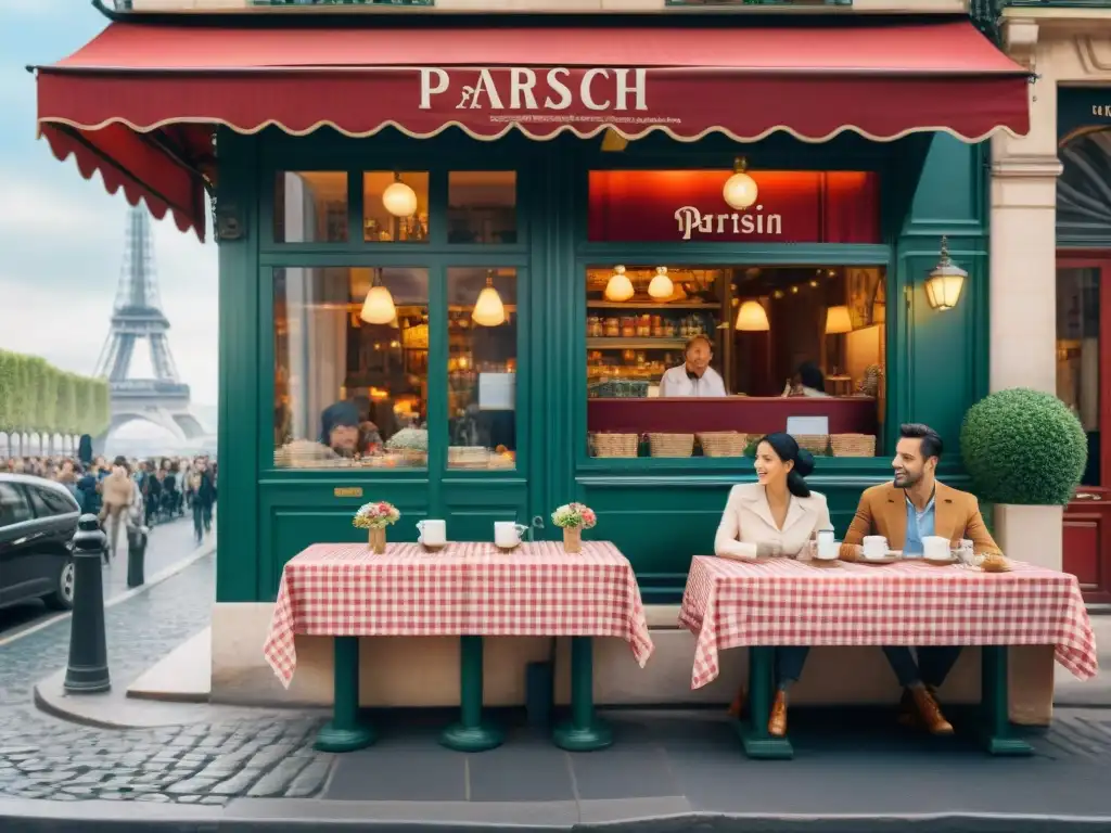 Un acogedor café parisino con mesas decoradas, flores y la Torre Eiffel de fondo