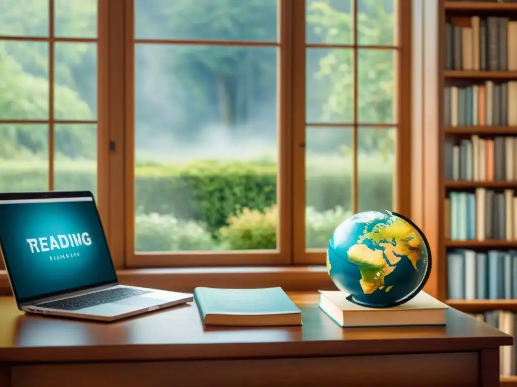 Un acogedor rincón de lectura en una biblioteca tranquila, con libros multilingües, un globo terráqueo y una laptop con software de traducción