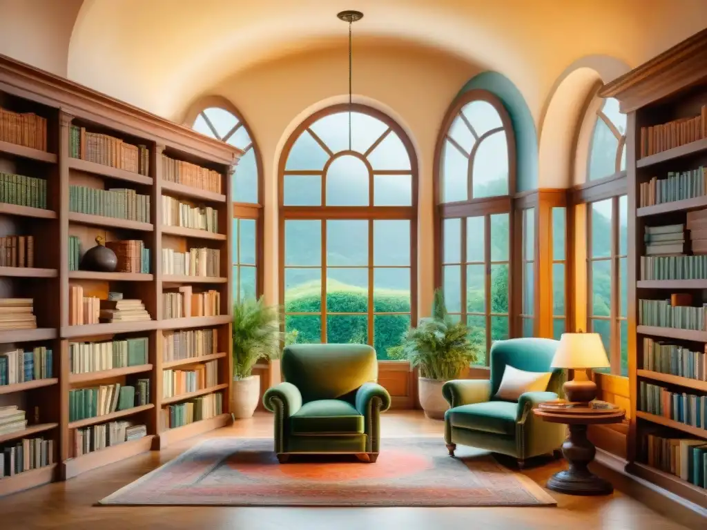 Acogedora biblioteca con libros antiguos en latín, sillón, globo terráqueo, chimenea y jardín con estatuas romanas