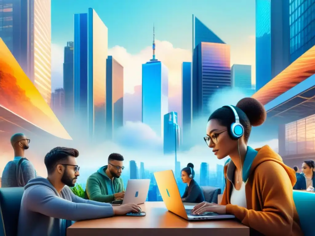 Una acuarela detalla una ciudad vibrante con grupos diversos innovando en programación