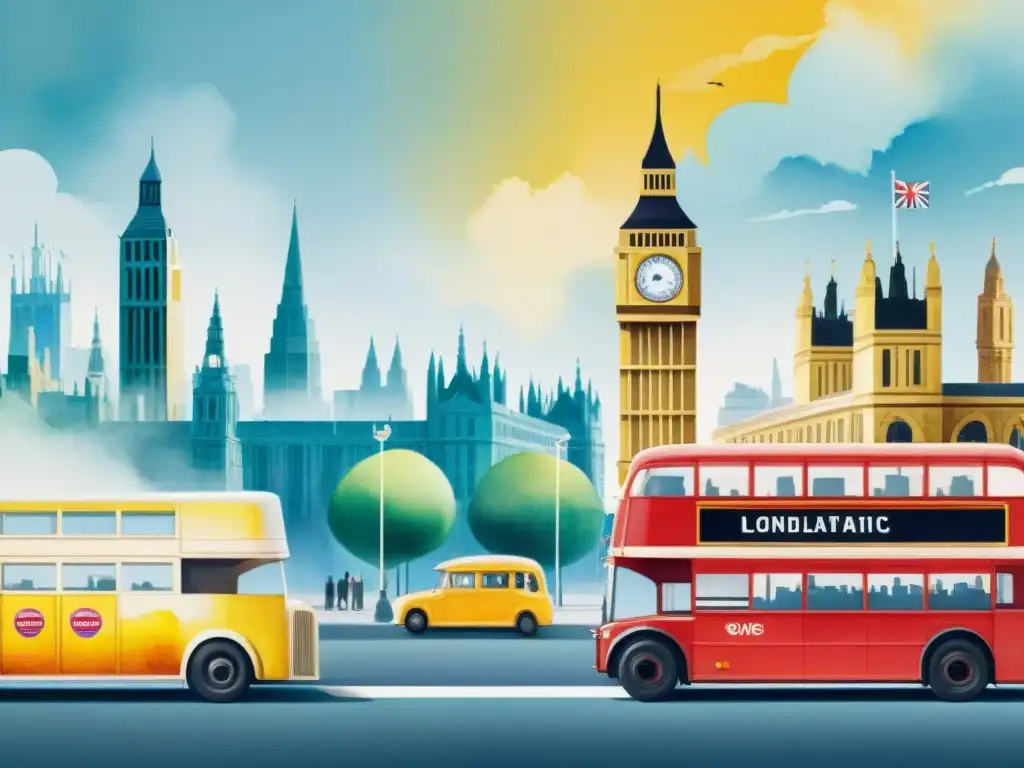 Acuarela detalla ciudades: Londres con buses y Big Ben, NY con taxis y Estatua de la Libertad