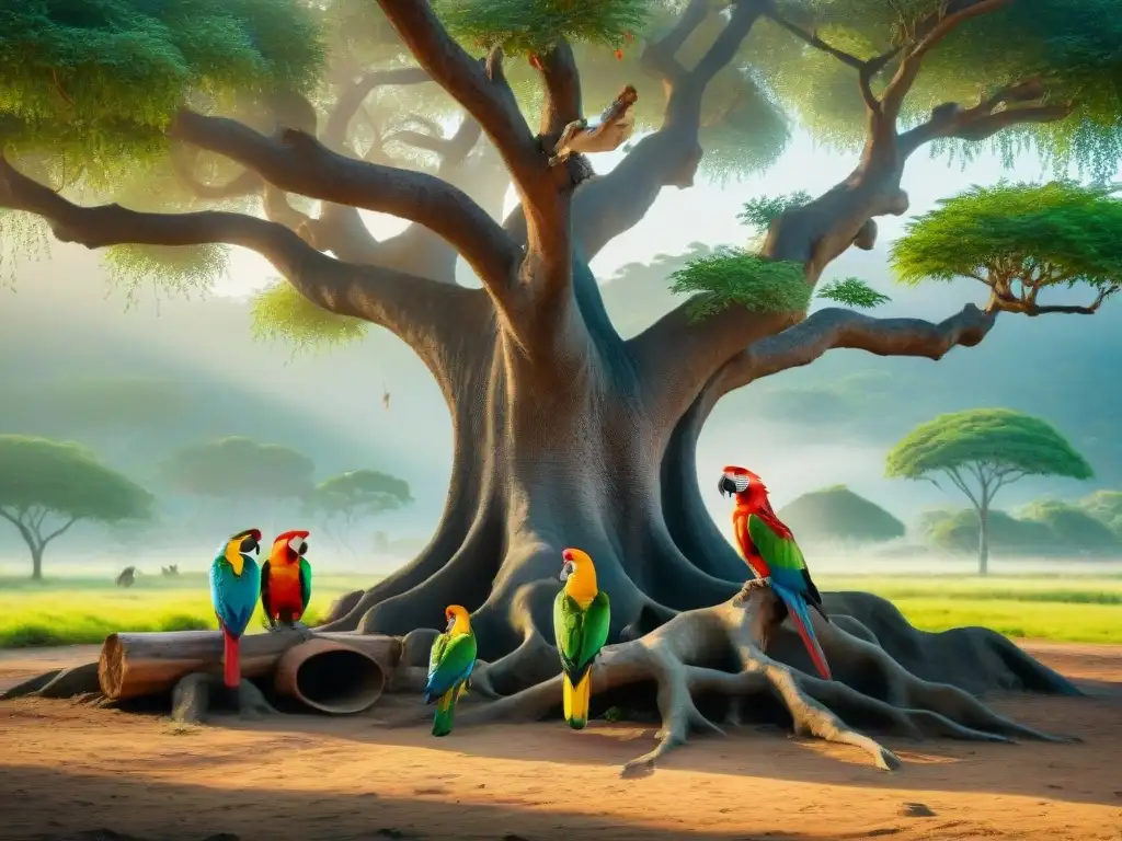 Acuarela detallada de ancianos Chontal de Tabasco bajo un ceiba, conversando mientras loros vuelan