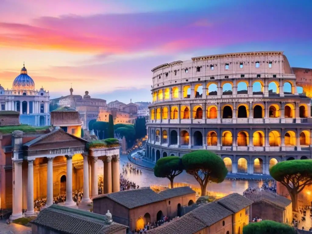 Acuarela detallada de la antigua ciudad de Roma al atardecer, con el Coliseo, el Foro Romano y el Panteón, en tonos vibrantes