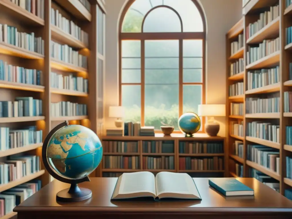 Una acuarela detallada de una biblioteca serena con libros de idiomas y un rincón de lectura acogedor, bañado en cálida luz natural