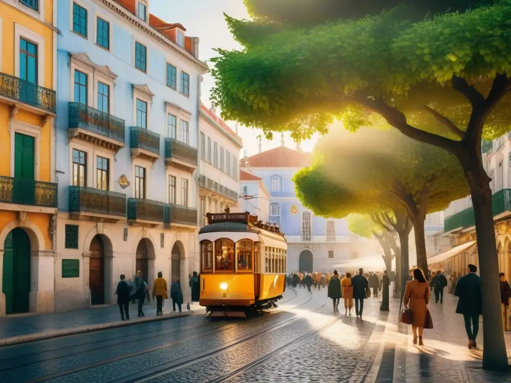 Una acuarela detallada de una bulliciosa calle de Lisboa, con monumentos icónicos y vibrante vida local