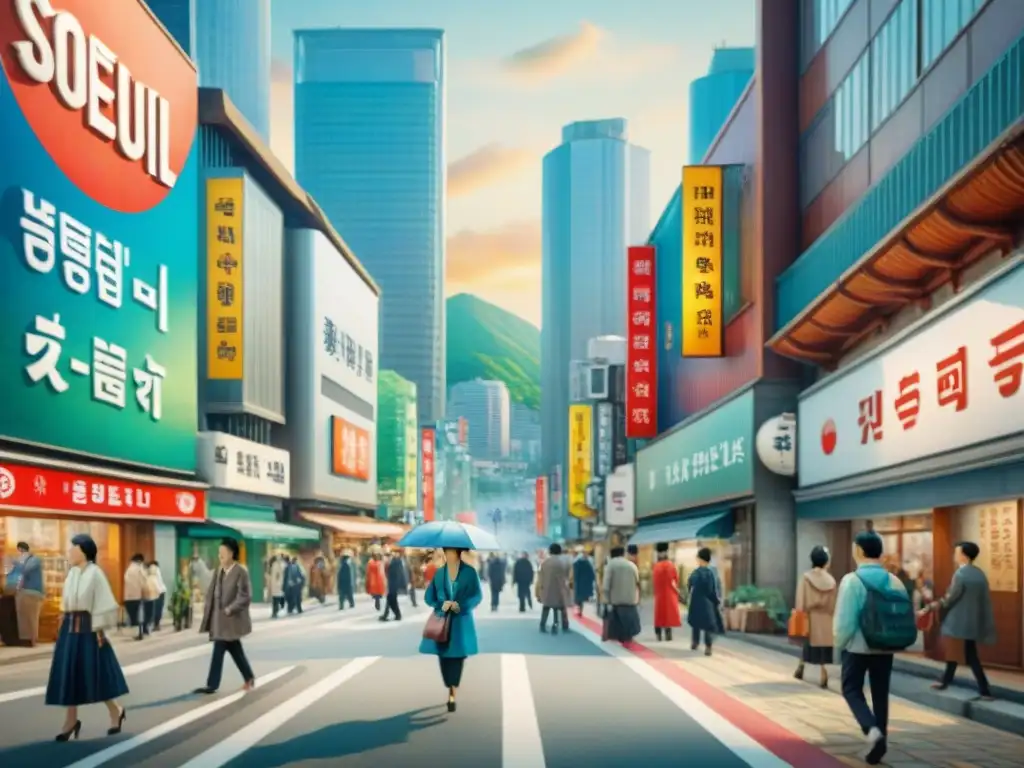 Pintura detallada de una calle urbana en Seúl, Corea del Sur: fusión de tradición y modernidad Acuarela detallada de una bulliciosa calle urbana en Seúl, Corea del Sur, con neologismos en japonés y coreano