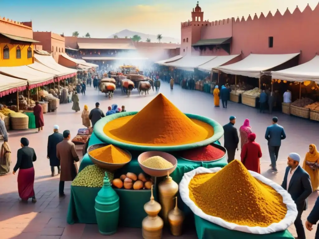 Una acuarela detallada de la bulliciosa plaza Jemaa elFnaa en Marrakech