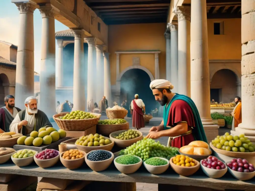 Una acuarela detallada en 8k de un bullicioso mercado romano antiguo, ideal para recetas culinarias latín antiguo