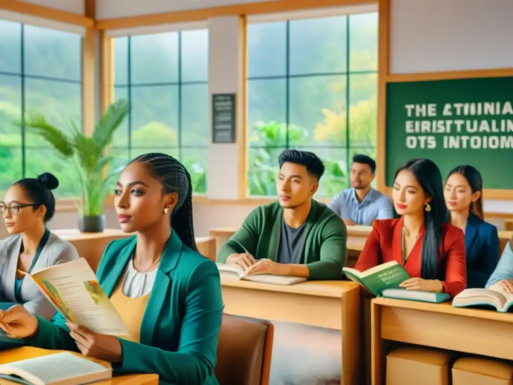 Acuarela detallada de estudiantes de diversas culturas aprendiendo idiomas en un aula vibrante