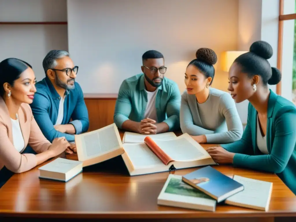 Una acuarela detallada de un grupo diverso de personas reunidas alrededor de una mesa, hablando en diferentes dialectos regionales, con libros y papeles esparcidos