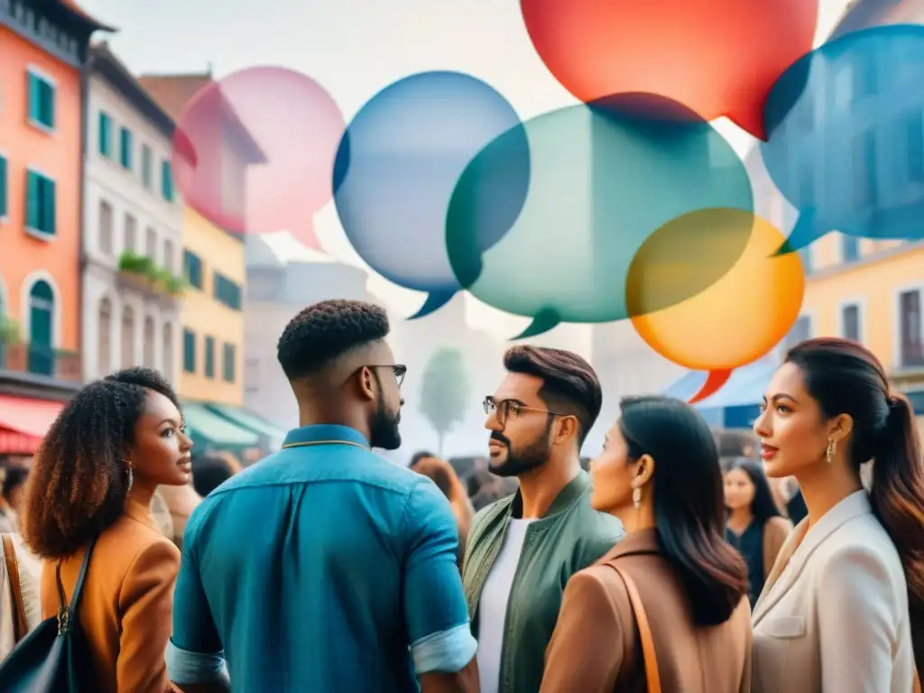 Una acuarela detallada de un grupo diverso inmerso en intensas discusiones en una bulliciosa plaza, con globos de diálogo y símbolos de análisis del discurso en diferentes idiomas