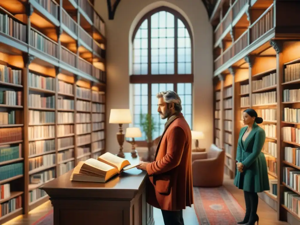 Una acuarela detallada con personas de distintas culturas leyendo 'La Divina Comedia' en diferentes idiomas en una biblioteca tranquila