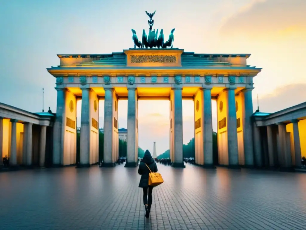 Una acuarela detallada de la Puerta de Brandeburgo en Berlín, con colores vibrantes que reflejan la riqueza cultural