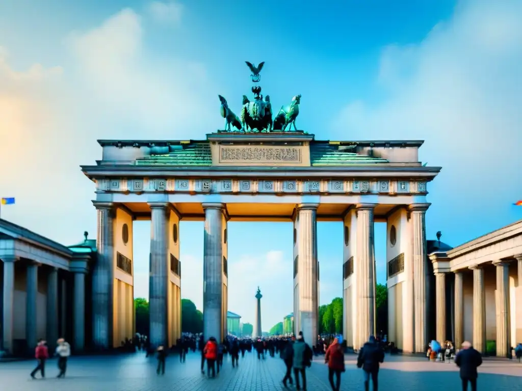 Acuarela detallada de la Puerta de Brandeburgo en Berlín, con colores vibrantes y ambiente animado