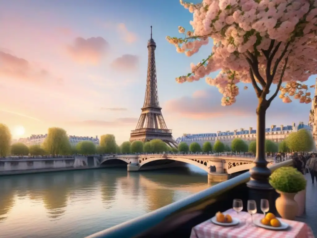 Una acuarela detallada de la Torre Eiffel al atardecer en París, reflejando su belleza dorada sobre el río Sena