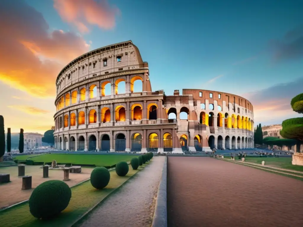 Una acuarela exquisita del majestuoso Coliseo Romano bajo un cielo vibrante al atardecer, evocando el significado y origen del latín