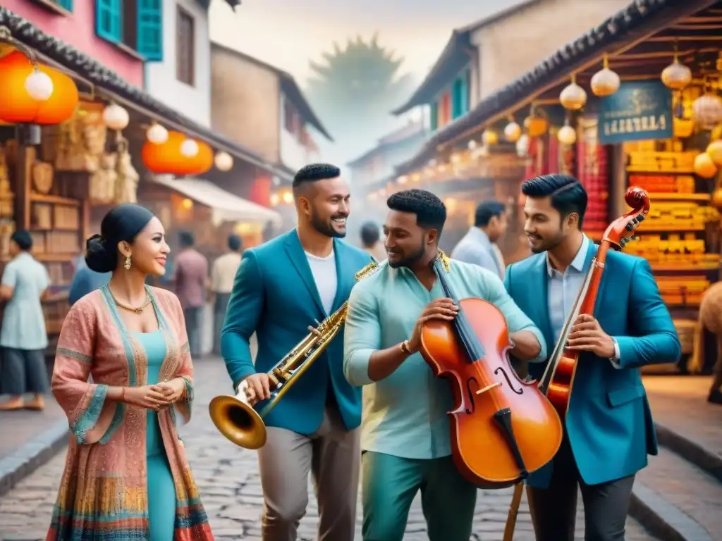 Acuarela de gente diversa con instrumentos musicales en vibrante mercado fusionando lenguas y estilos