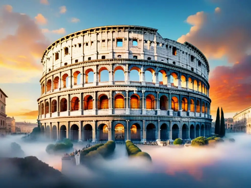 Acuarela del majestuoso Coliseo Romano al atardecer, con caligrafía latina, reflejando la belleza y complejidad de la Gramática latina: desafíos y maravillas