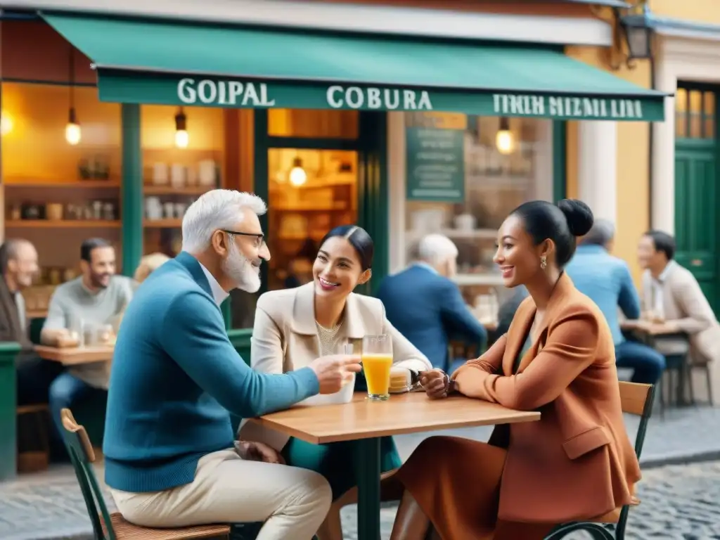 Una acuarela serena de personas diversas conversando animadamente en un café europeo