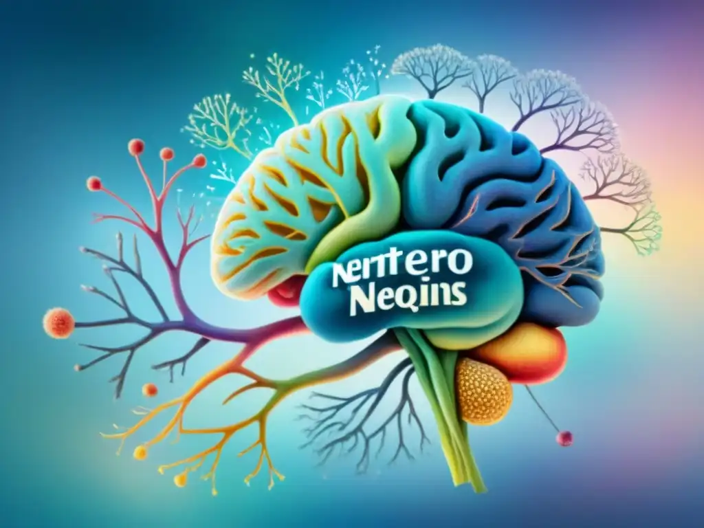 Una ilustración en acuarela vibrante de una red de neuronas interconectadas en el cerebro, cada una representando un idioma aprendido