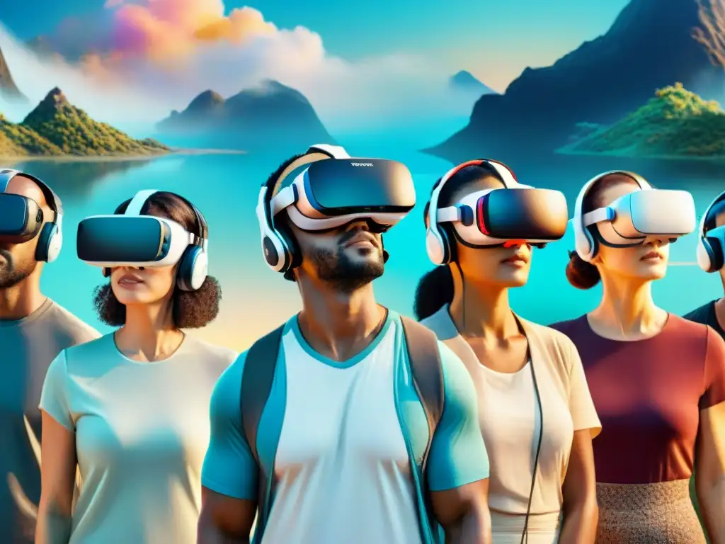 Adultos aprenden idiomas con Realidad Virtual en entorno vibrante y futurista