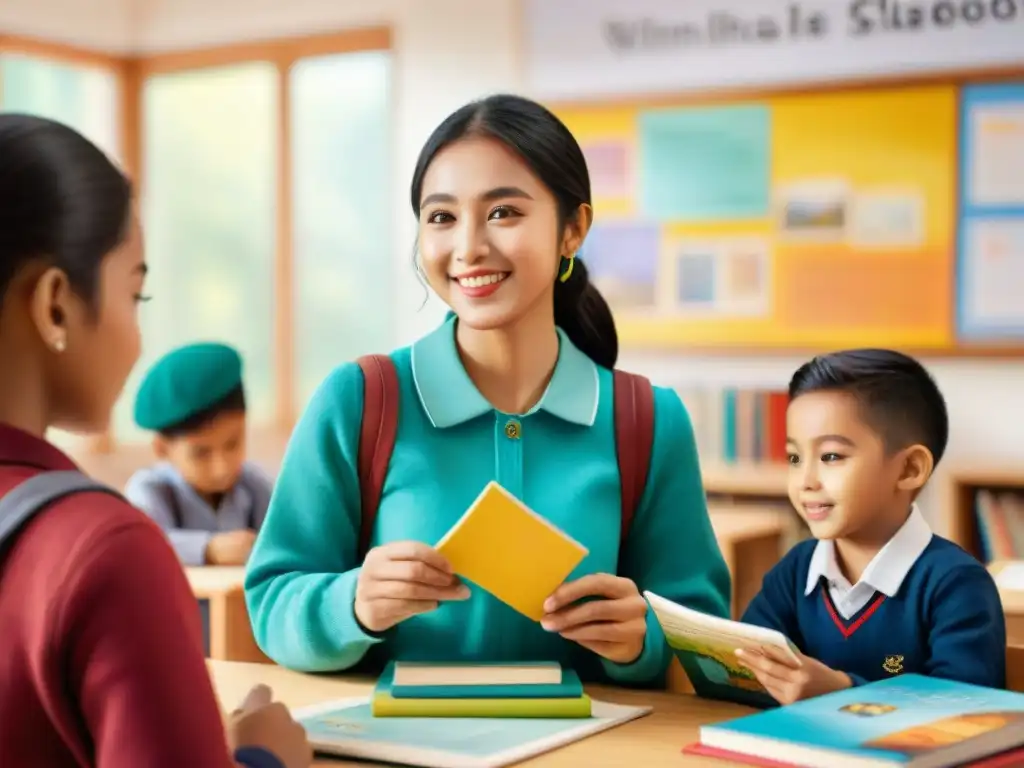 Ilustración acuarela: alegre aula bilingüe con jóvenes colaborando y aprendiendo juntos