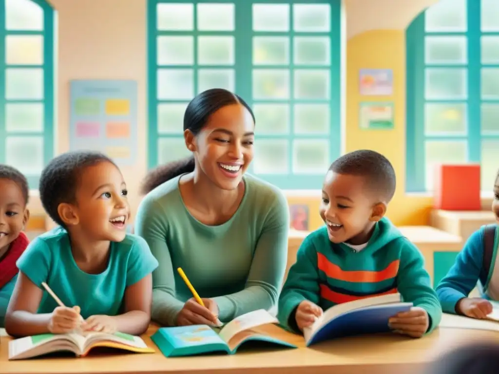 Un alegre aula de idiomas con niños concentrados en actividades educativas rodeados de libros y plataformas enseñanza idiomas niños