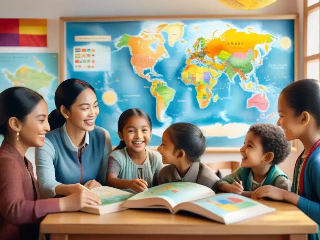 Un alegre aula multicultural con niños de distintas etnias aprendiendo juntos, rodeados de material educativo en lenguas en peligro