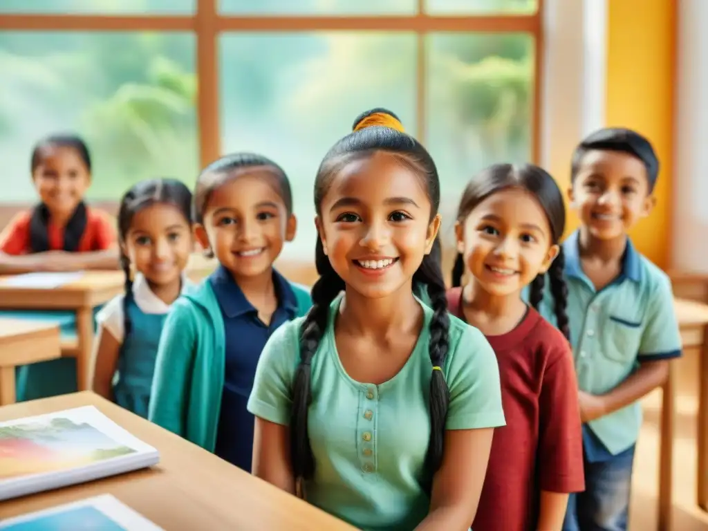 Un alegre aula multilingüe muestra la diversidad cultural de niños aprendiendo juntos