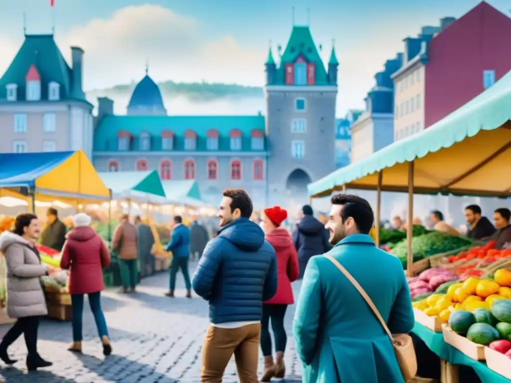 Alegre escena de mercado en Quebec, donde estudiantes aprenden francés y disfrutan del intercambio cultural