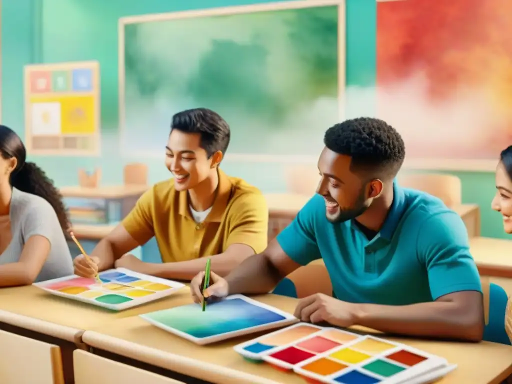 Un alegre grupo diverso de estudiantes juega juegos educativos de idiomas en un aula colorida