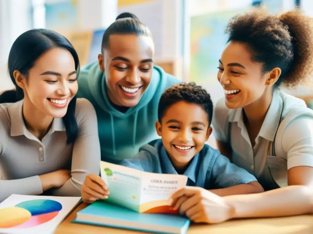 Un alegre grupo de estudiantes de diversas etnias juegan y aprenden idiomas juntos en un aula colorida