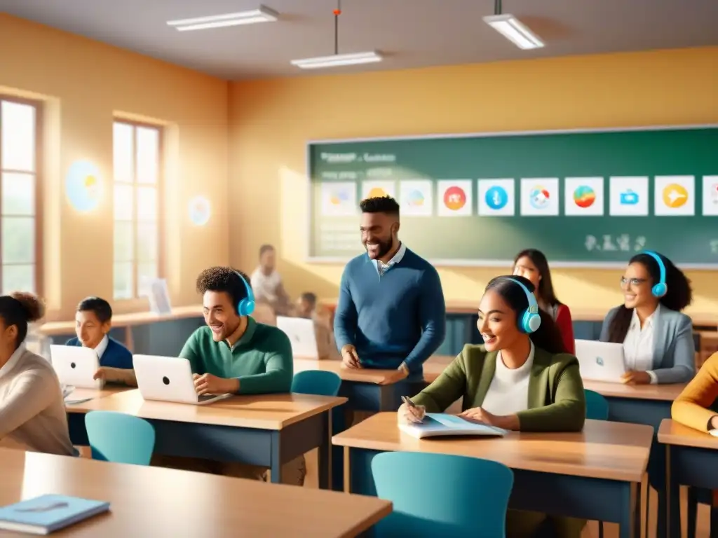 Un alegre grupo de estudiantes de diversas etnias aprende idiomas en un aula moderna con software educativo innovador