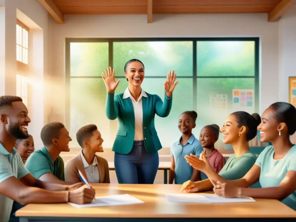 Un alegre grupo aprende lenguaje de signos en aula colorida y vibrante, guiados por profesor amable