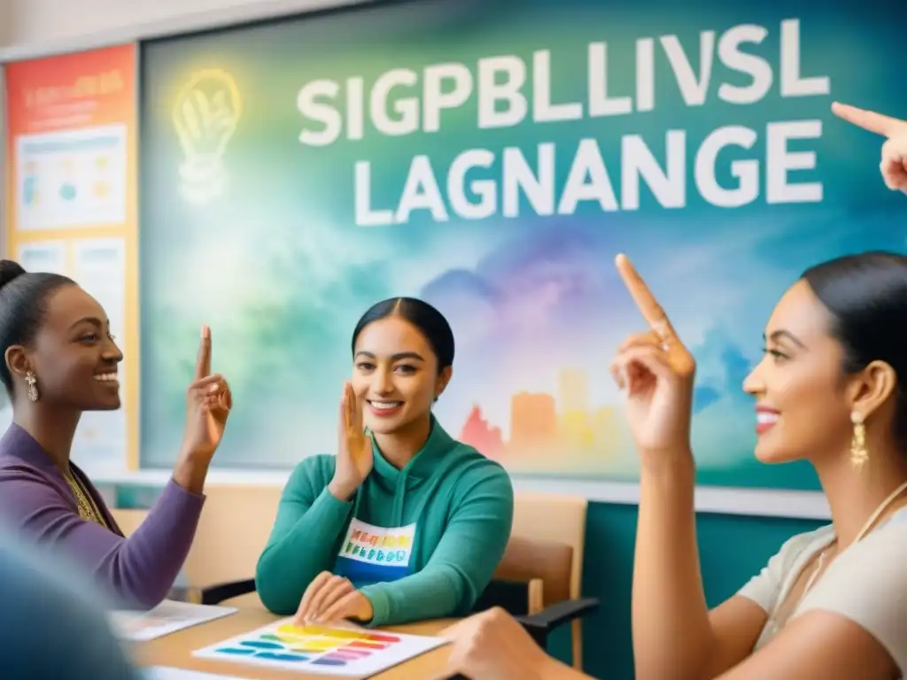 Un alegre grupo aprende lenguaje de signos en un aula colorida y acogedora