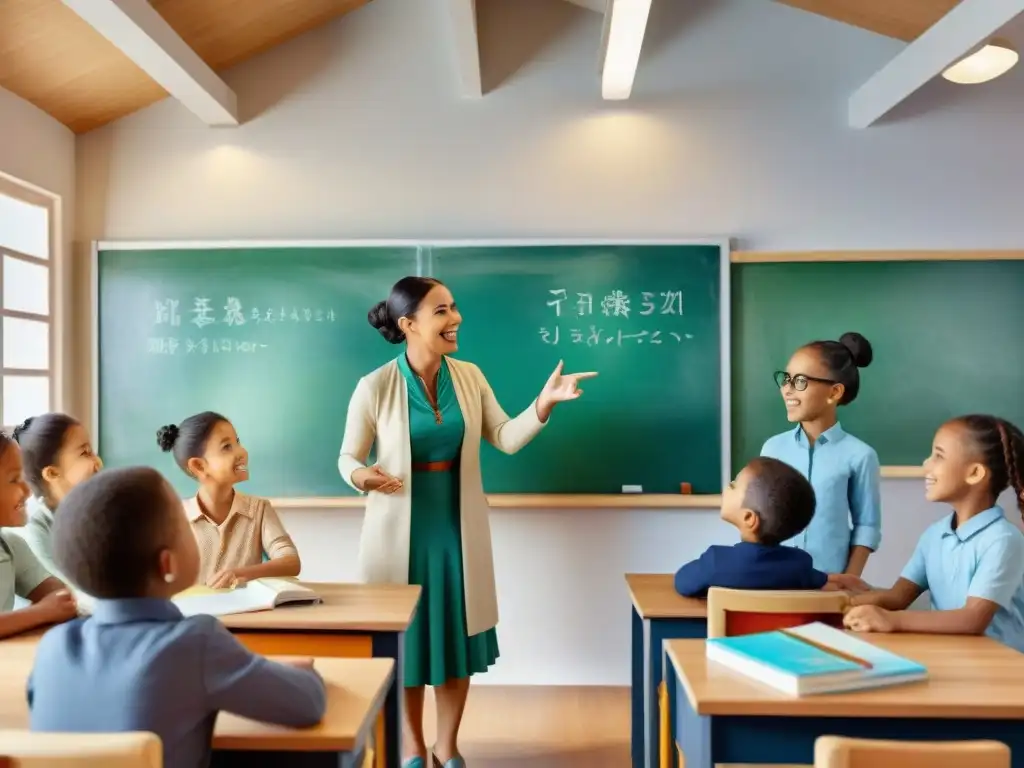 Un alegre grupo de niños de diversas culturas participa animadamente en una clase de idiomas