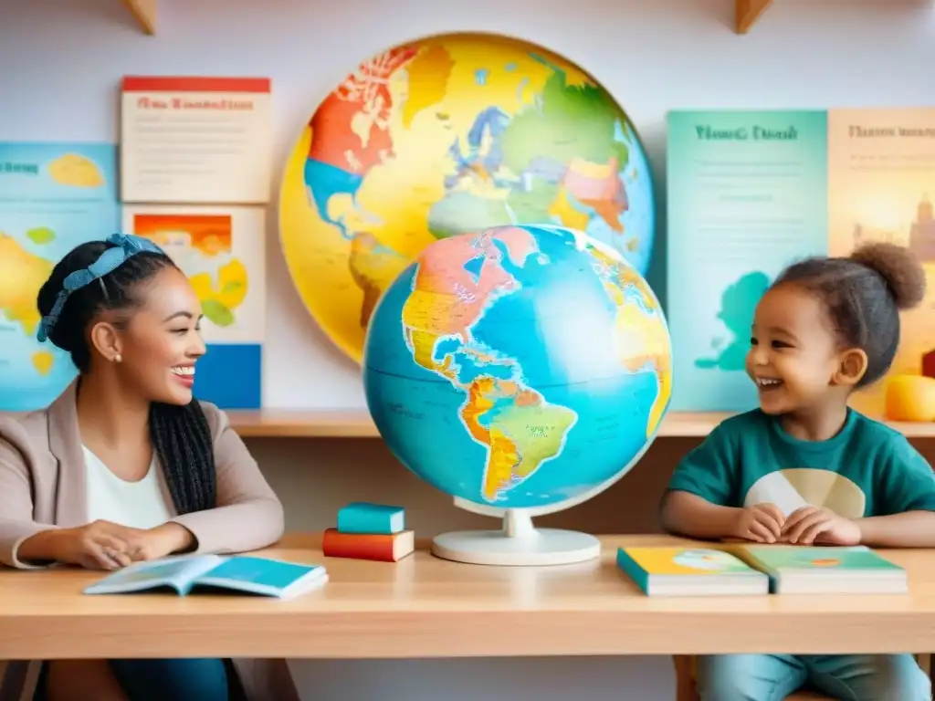 Un alegre grupo de niños de diferentes tonos de piel y colores de pelo aprenden idiomas en un aula colorida con libros y juguetes educativos