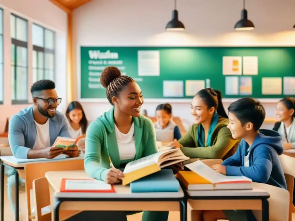 Un alegre salón de clases con estudiantes usando software educativo para idiomas escolar, rodeados de libros y pósters coloridos