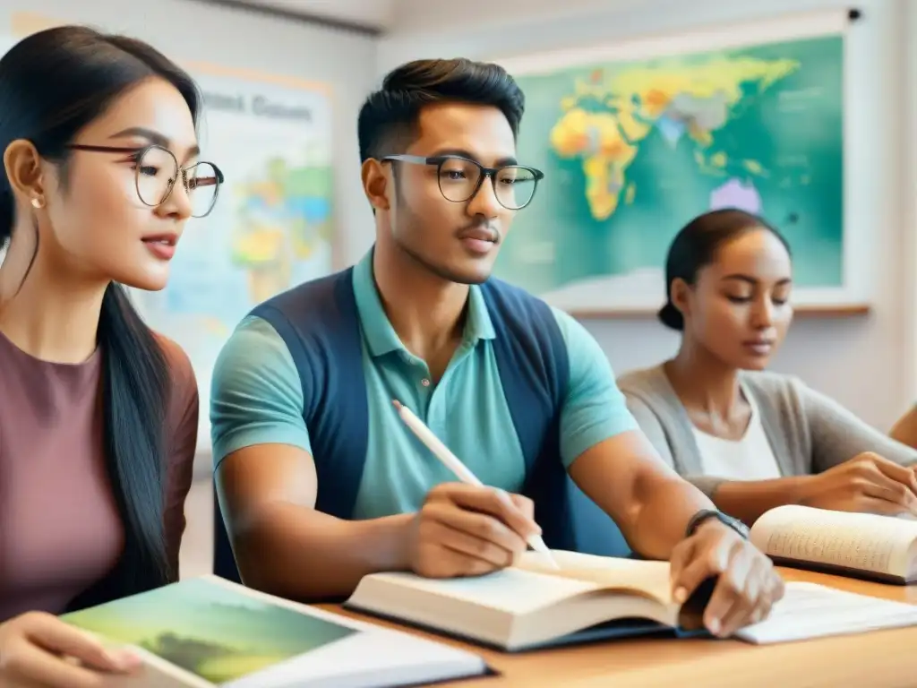 Un alegre salón de clases de idiomas, con estudiantes diversos colaborando y aprendiendo juntos