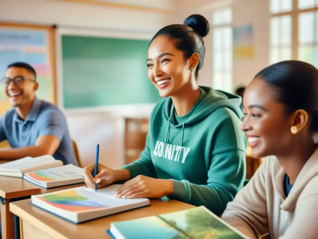 Un alegre salón de clases multilingüe donde los estudiantes participan con entusiasmo en una lección de idiomas