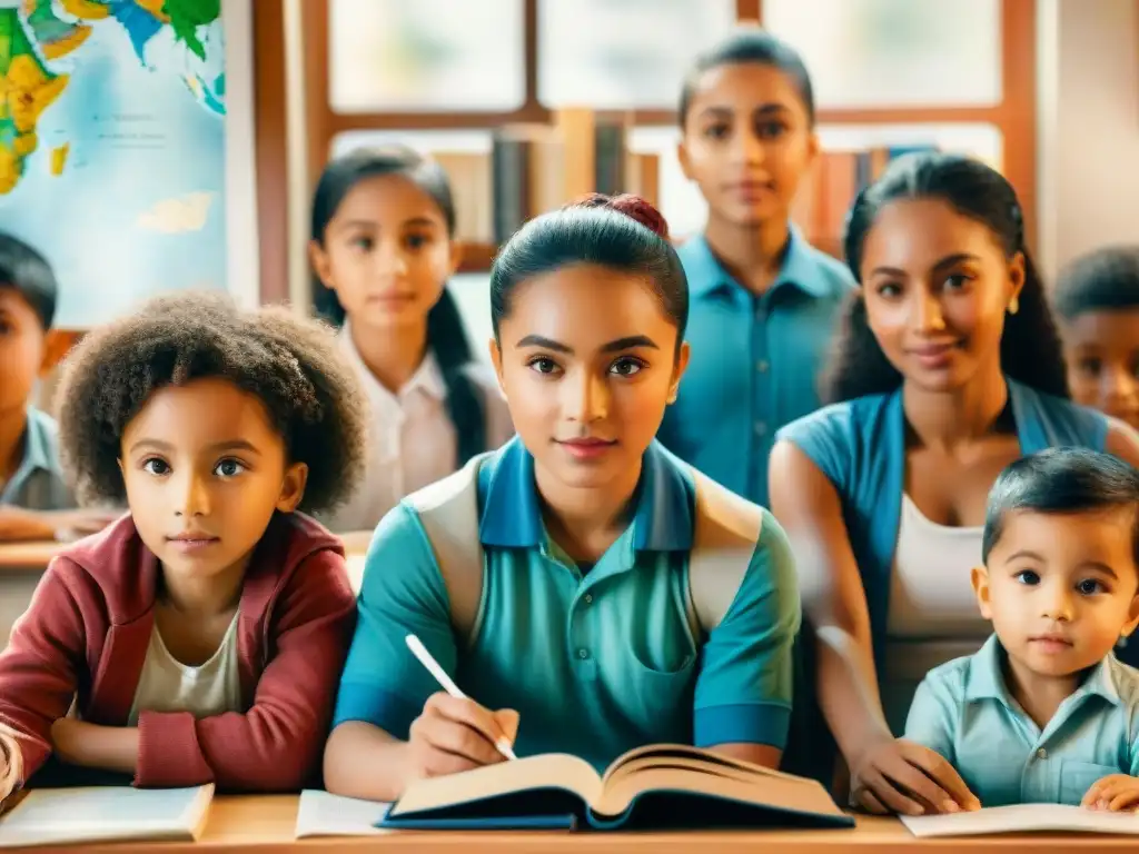 Un alegre salón de clases donde niños de diversas culturas comparten historias, rodeados de libros y mapas