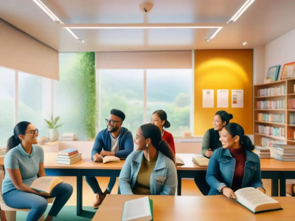 Un alegre salón de idiomas donde estudiantes de diversas culturas comparten libros y conversaciones, creando un ambiente inclusivo y cálido