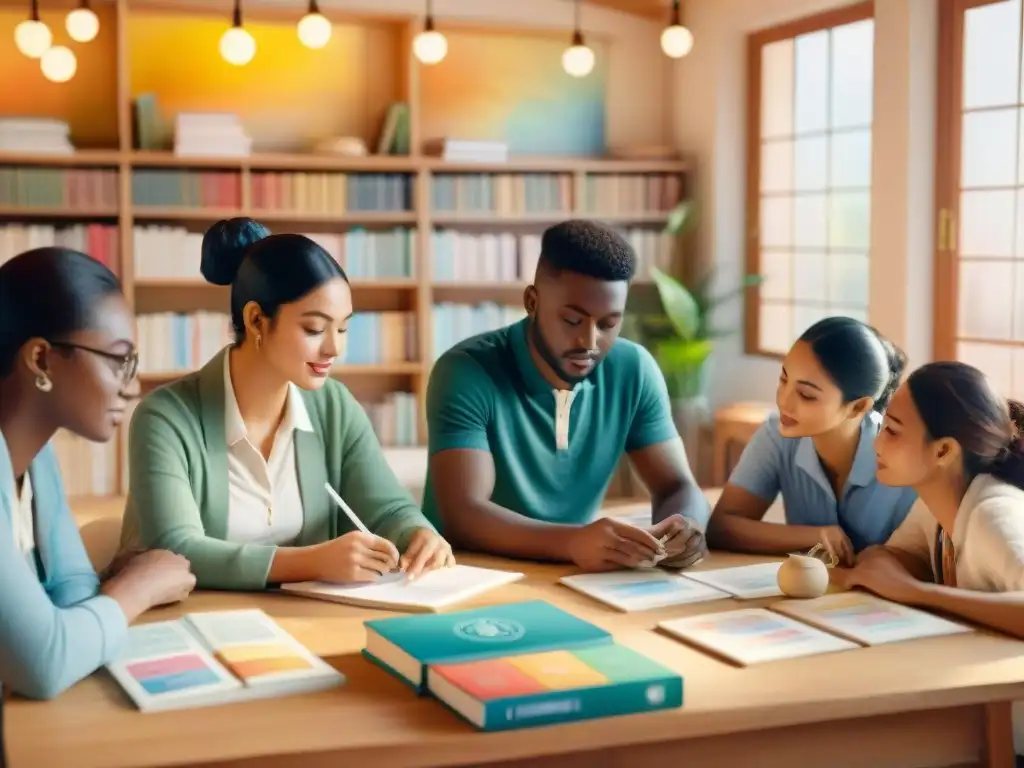 Un ambiente acogedor de estudio grupal con libros y globos terráqueos, ideal para preparación efectiva examen idiomas