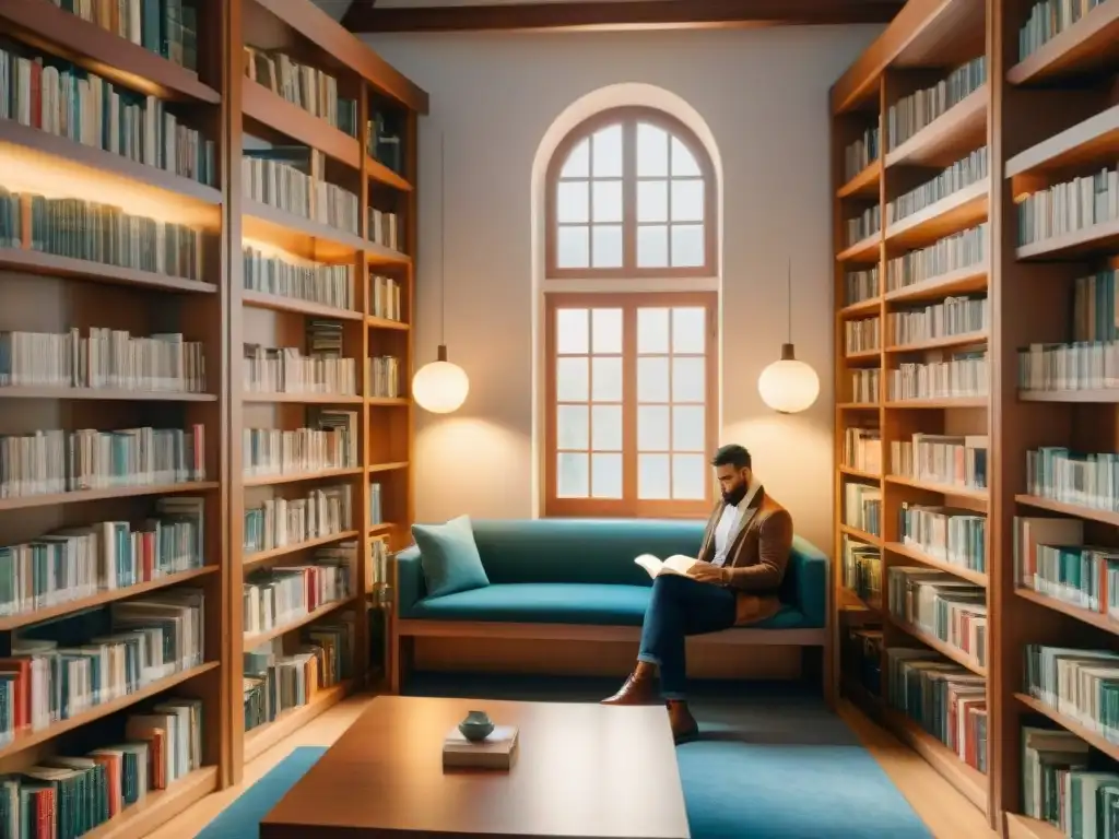 Un ambiente bibliotecario sereno, con personas leyendo y traduciendo libros de diversas culturas