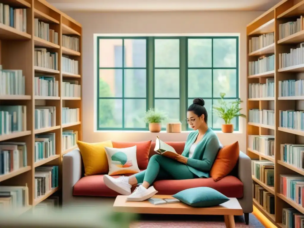 Un ambiente sereno de biblioteca con libros de idiomas, una acogedora zona de lectura y técnicas de repetición espaciada