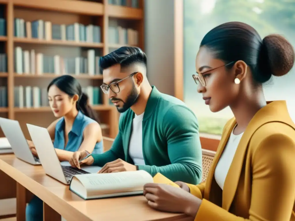 Un ambiente tranquilo y enfocado de aprendizaje de idiomas con diversas personas inmersas en estudios