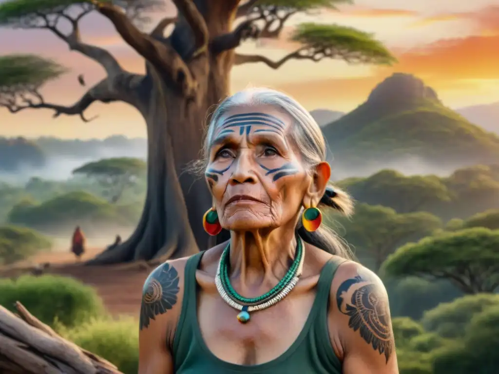 Una anciana indígena con tatuajes tradicionales habla en su dialecto a niños asombrados bajo un árbol ancestral al atardecer