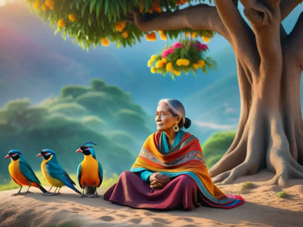 Una anciana Triqui cuenta historias a niños bajo un árbol, rodeados de flores y aves coloridas al atardecer, destacando la rica cultura Triqui